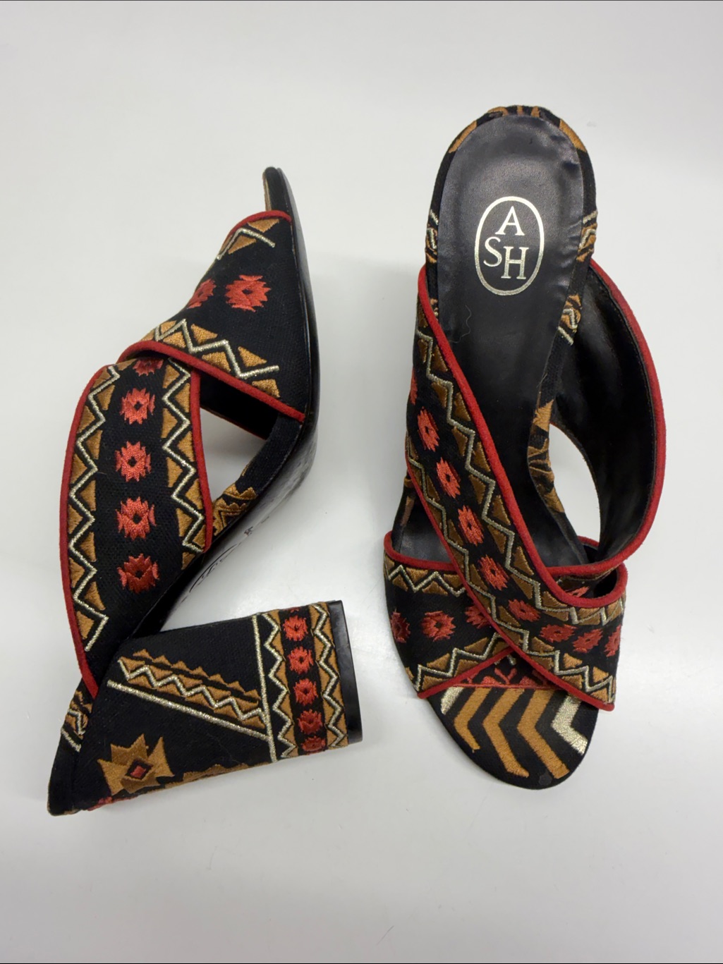 Ash Adel Mule Sandals High Heel Shoes Open Toe Geometric Embroidered Black 9